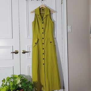 Vintage Style Collar Sleeveless Button-Down Green/Yellow Dress